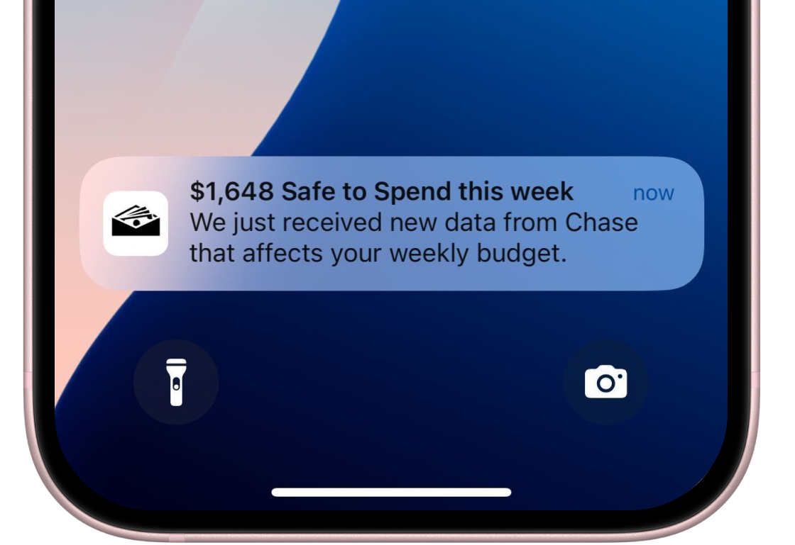 A mobile device screenshot of a notification saying "$1,648 Safe to Spend this week"