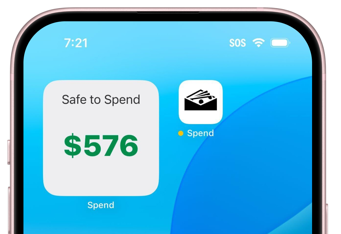A phone screenshot showing a homepage with a Safe to Spend widget